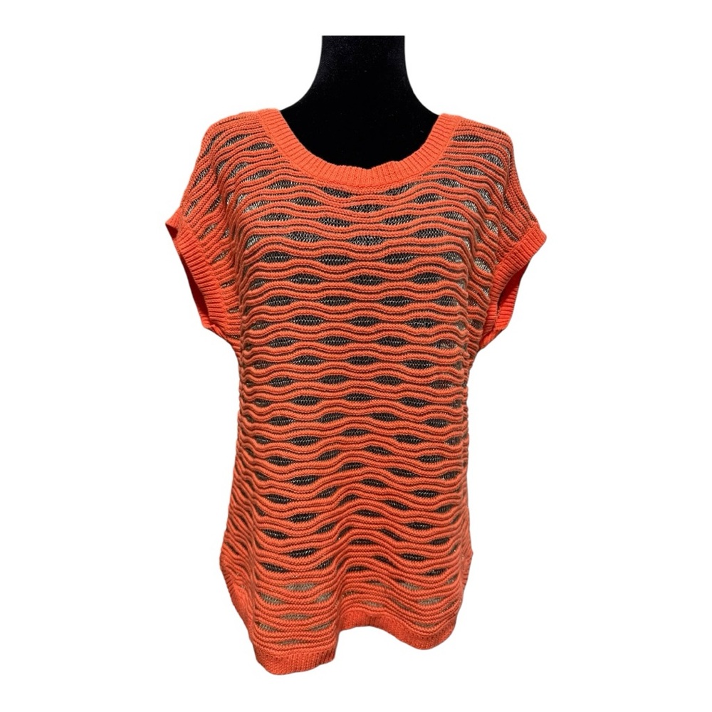 Ann Taylor Sweater M Orange Metallic Sheer Wave Dolman Short Sleeve EUC